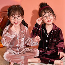 Korean girls autumn and winter golden velvet medium thick childrens pajamas set loose middle children fashion girl home clothes tide