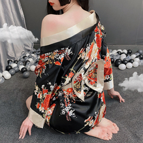 Desire Japanese diva Dark black printed kimono Bow belt Kabuki sex uniform