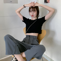 Large size fat sister mm high waist suit pants 2021 summer new womens straight drape wide leg pants loose thin