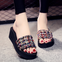 New sandals and slippers womens summer wear fashion Joker thick bottom slope with a word trawl red slippers seaside sand