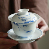 Sweet White Green Flower Hand-painted Triple Talent Cover Bowl Tea Cup Single Large Number Three Bowl Home White Porcelain Kung Fu Tea Tea Bowl