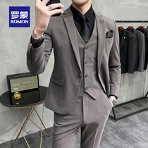 Lomon suit set mens striped casual suit three-piece korean version repair body class groom wedding dress