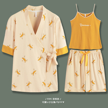 Pajamas womens summer thin three-piece suit pure cotton Japanese kimono short sleeve sweet cute suspender student home wear