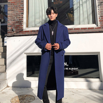 Double-breasted woolen coat mens long Korean version of slim knee woolen coat mens winter 2019 new British trend