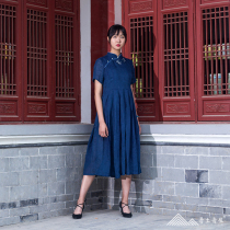 Wutuwu new product pleated dress blue dyed Maple dye dyed Ramie cheongsam collar ethnic women spring and summer