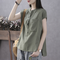 Han Suoyi retro art summer thin round neck pullover jacket loose front short back long cotton linen short sleeve T-shirt women