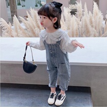 Girls autumn suit two-piece set 2021 new Korean version of foreign style net red children baby jeans belt pants spring and autumn