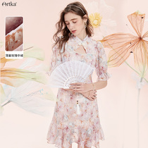  Akkadian cheongsam chiffon dress female floral retro French 2021 summer new temperament waist skirt