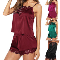 Women Sleepwear Sleveless Strap Nightwear Lace Trim Satin