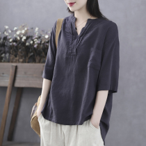 Han Suoyi Art Retro Summer New V-Collar Linen Jacket Skinny Cotton and Hemp Short Sleeve T-shirt Women Loose Leisure