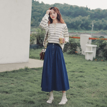 Small sub-autumn dress matched with high suit womens weight reduction 2021 new striped sweater denim dress with two sets