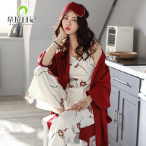 Spring and autumn pajamas womens cotton long-sleeved three-piece korean version fresh student nightgown summer girl suspender homewear