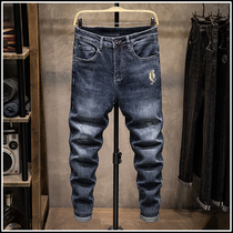 Breaking hole jeans mens autumn and winter new trend slim feet mens embroidery casual long pants ins boys pants