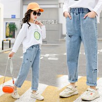 Girls denim wide-leg pants spring and autumn primary school students middle-aged childrens loose foreign style autumn Korean version straight girls pants