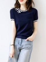 Short Sleeve T-Shirt Woman 2021 New Summer Loose Temperament Collage 100 Lapped Collar Ice Twist Knitted Blouse