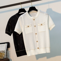 Ice silk small fragrant wind short sleeve knitted sweater top female thin sweater summer gold thread small pullover T-shirt