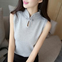 Spring and summer cheongsam collar sleeveless short T-shirt women wear slim knitted vest retro disc buckle pullover top shirt thin