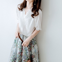 Short sleeve hooded woman Summer 2021 new Japanese Temperament Pure color minimalist cotton Embroidered 100 hitch white shirt blouse