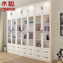 Minimalist modern Nordic bookcase bookcase bookcase landing glass door with top cabinet combined solid wood display case customizable