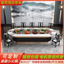 New Chinese hotel Electric ellipsoidal round table rectangular box dining room table rock plate 15 people hotel banquet Long table chair combination