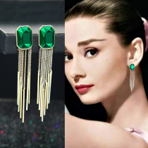 Green Crystal earring tassel earrings 2021 New Tide Korean temperament Net red European and American personality exaggerated earrings