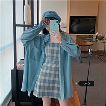 2021 spring summer suit blue shirt Plaid sling slim A dress Foreign two-piece female