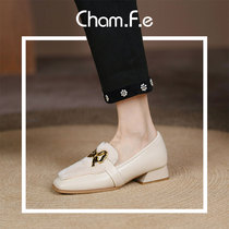 Soft wool small leather shoes women winter plus velvet leather middle heel single shoes small fragrant wind one pedal loafers women 630J