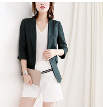 Japanese classic button elegant temperament Melbourne green cotton linen 7-point sleeve long suit jacket