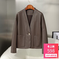 Imported sheepskin button simple Joker suit leather jacket Haining Leather Jacket Womens V-collar short