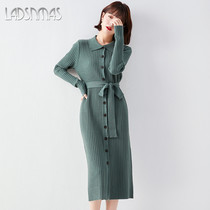 Knitted dress womens autumn and winter 2021 new womens long lace-up waist slim retro lapel skirt