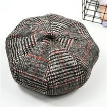 Beret female round hat Plaid stripe painter hat retro woolen belly hat British T literary youth pumpkin