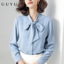 Bow-knot shirt womens long-sleeved 2022 autumn and winter design niche chiffon streamer top blue professional shirt