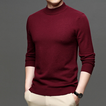 Mens half-high neck knitwear solid color sweater mens middle-aged wine red casual long-sleeved base shirt mens clothes