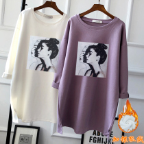 Autumn and winter long-sleeved T-shirt womens Korean version loose large size medium-long cotton base shirt plus velvet thickened top inside the tide