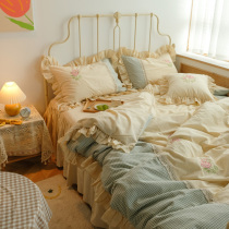 Fairy Girl Han Style Princess Wind Bed Skirt Four Pieces Full Cotton Pure Cotton Embroidered Lotus Leaf Lace Quilt Cover Field Bed bedding