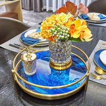 Light luxury Nordic style gold frame Agate stone pattern tray Home living room tea table Tea cup storage decorative tray