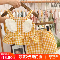 Childrens clothing 2021 summer new childrens plaid set for girls Baby foreign-style wings suspender shirt shorts two-piece set