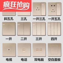 Zhengtai NEW2C One 23 four couplets with single double control switch Five holes TV Brain 86 Large panel No sides Champagne gold