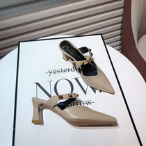 Hong Kong 2021 summer new rivets Baotou half slippers female Joker Net red thick heel soft leather wear high heels tide