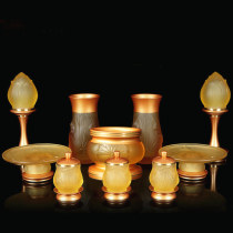 Taiwan pure copper and glass Buddha supply set Buddha front water supply cup Fruit plate incense burner vase LED colorful Lotus lamp ornaments