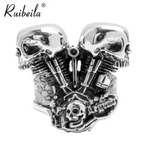 ruibeila925 Silver European American Harley Locomotive Engine Men's Ring Non-Mainstream Skeleton Hegemon Ring