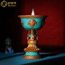 Electronic ghee lamp for Buddha lamp LED charging simulation flame Tibet style home 8 auspicious imitation green pine stone candle holder