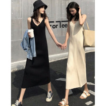Korean knitted suspender dress womens 2020 spring long V-neck vest bottom skirt with sweater skirt split