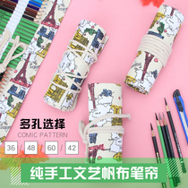 Handmade canvas roll curtain 36 48 72 holes for men and women sketch colored pencil curtain National style cartoon large capacity pen curtain art painting special roll pen bag