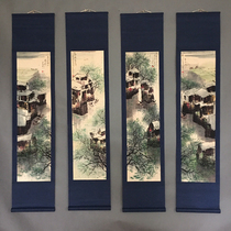 Retro antique Chinese painting old silk cloth framed quadruple mural hand-painted calligraphy and painting has been framed painting Jiangnan small scenery