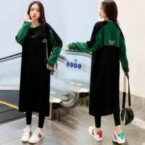 Pregnant woman long sweatshirt skirt thickened female autumn winter loose Korean version gush with long jacket over knee winter Chauma dress