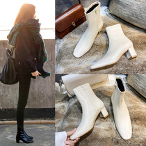 Square Head Short Boots Woman Spring Autumn Single Boots 2020 New Korean Version High Crude Heel Rice White Slim Boots Woman Boots Winter