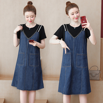 Plus-size womens clothing 2023 new age-reducing denim stitching dress looks thin summer fat sister covers belly western style skirt trendy