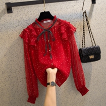 Korean very fairy blouse 2020 autumn new Korean slim-fit lace-up polka dot long-sleeved Western Chiffon shirt women