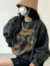 Autumn Winter Big Code Womens Dress Without Gender Hip Hop Spray Retro High Street Wash made of old plus suede sleeve head round neckline